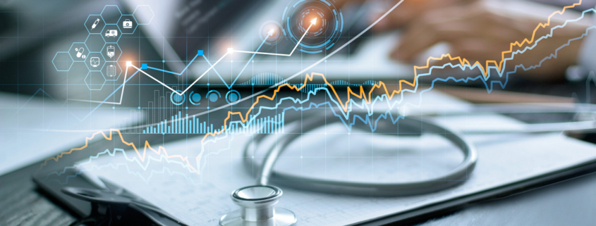 Healthcare business graph data and growth, Stethoscope with doctor's health report clipboard on table, Medical examination and doctor analyzing medical report on laptop screen.